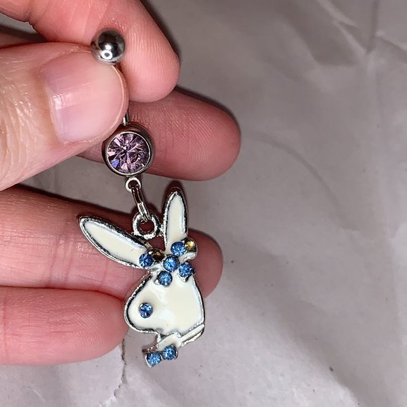 Pink and Blue Play boy-looking Bunny Dangle Belly Ring - Picture 1 of 16
